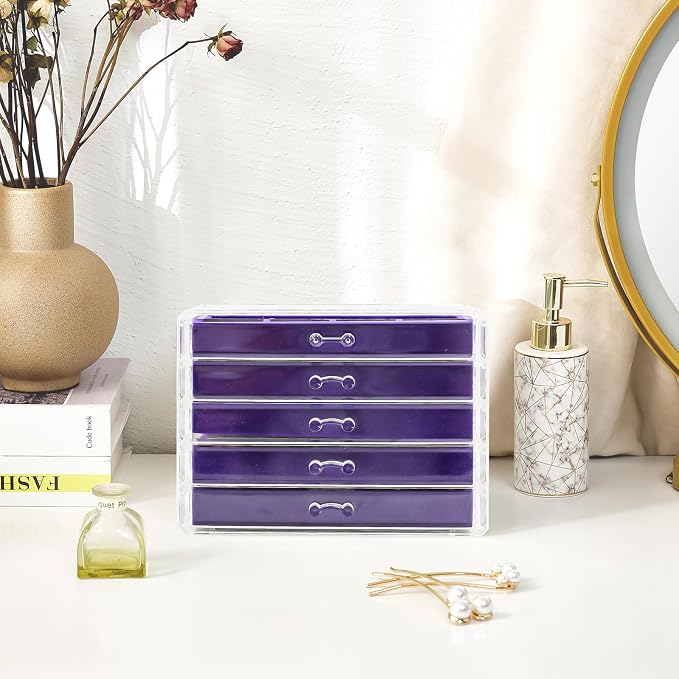 ProCase Earring Holder Organizer Jewelry Box with 5 Drawers, Acrylic Clear Earring Case with Adjustable Velvet Trays for Women - Purple, 5 Layers - Image 6