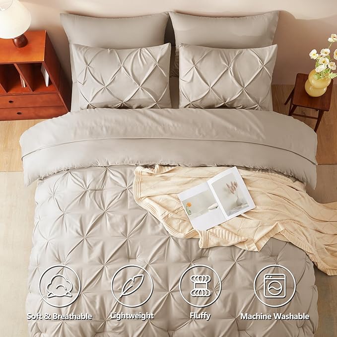CozyLux Full Size Comforter Sets Wheat, 7 Pieces Pintuck Bed in A Bag Wheat Comforter Full Size, Pinch Pleat Bedding Sets with All Season Comforter, Sheets, Pillowcases & Shams