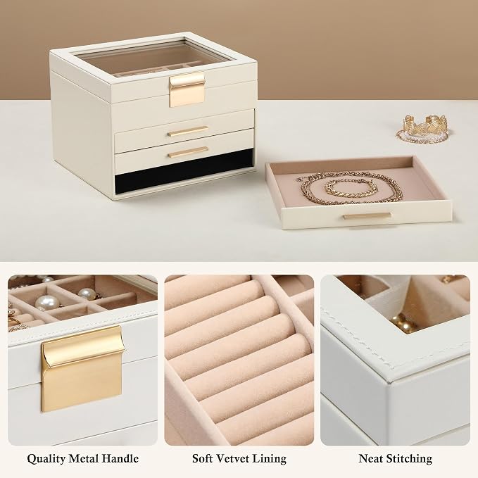 Somduy Jewelry Box Organizer for Women,4 Layers Jewelry Storage Display Box with Glass Lid,Gift for Christmas,3 Drawers,Large Capacity for Necklace Earrings Bracelets Rings,White - Image 3