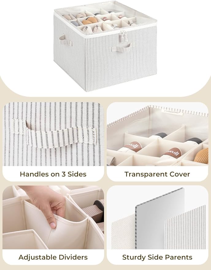 StorageWorks Shoe Organizer for Closet, Fits up to 16 Pairs, Shoe Cubby Storage Containers with Adjustable Dividers and Clear Cover, Khaki and Beige Stripes - Image 5