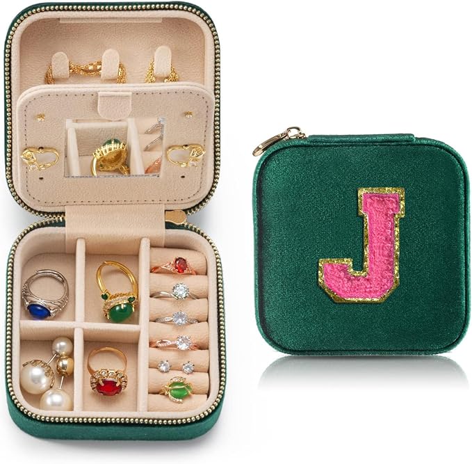 Personalized Velvet Travel Jewelry Case Box For Women Ring Necklace Earring Holder Organizer with Mirror Green Girls Box Birthday Gifts Mom Initial J by HKDSGF