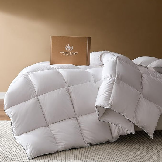 Pacific Coast Goose Feather Down Fiber Comforters Queen Size, Extra Fluffy White Duvet Insert, Ultra-Soft, Breathable, All Season Hotel Luxury Bedding Comforters, 8 Corner & Center Loops (90"x90")