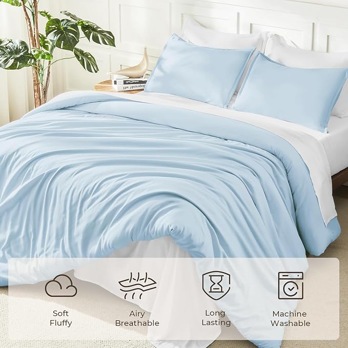 Litanika Comforters Light Blue King Size, 3 Pieces Lightweight Solid Bedding Comforter Set, All Season Fluffy Bed Set (104x90In Comforter & 2 Pillowcases)