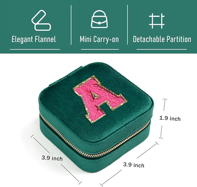 Personalized Velvet Travel Jewelry Case Box For Women Ring Necklace Earring Holder Organizer with Mirror Green Girls Box Birthday Gifts Mom Initial N - Image 3