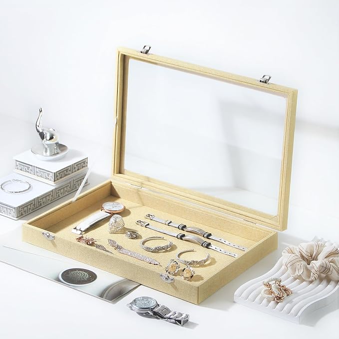 Coward Jewelry Organizer Box, Yellow Linen Blank Display Tray Case with Lid for Storage Necklaces Bracelets Rings Beads and Jewelry Accessories - Image 3