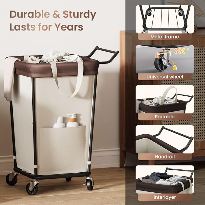 160L Laundry Hamper with Wheels and Handle, 2-Section Rolling Hamper for Laundry, Large Laundry Basket with Wheels, Rolling Laundry Basket Clothes Hamper for Home, Bathroom and Dorm(Beige) - Image 6