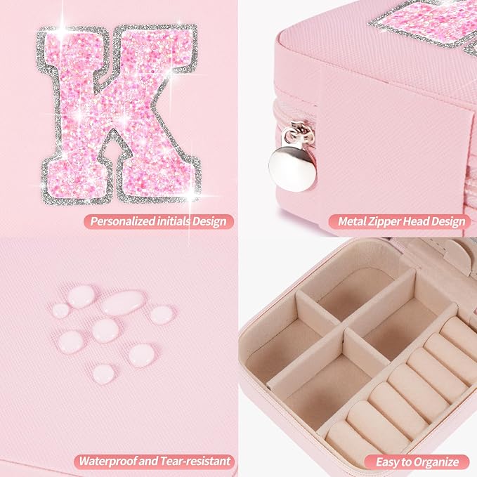 Uygafly Travel Jewelry Case - Personalized Jewelry Box for Women,Small Jewelry Organizer Cute Jewelry Organizers and Storage Aesthetic,Travel Essentials Birthday Gifts for Girls Women | Pink,K - Image 4