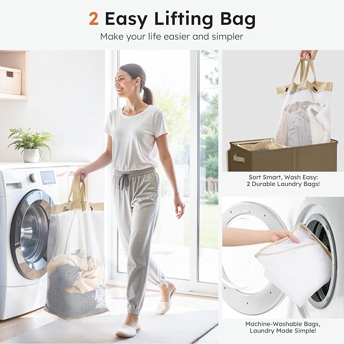 SOLEDI Large Double Laundry Hamper with Lid, Collapsible Clothes Hamper 2 section with Removable Bags, Space-Saving Laundry Basket for Bedroom, Dorm, College - Image 3
