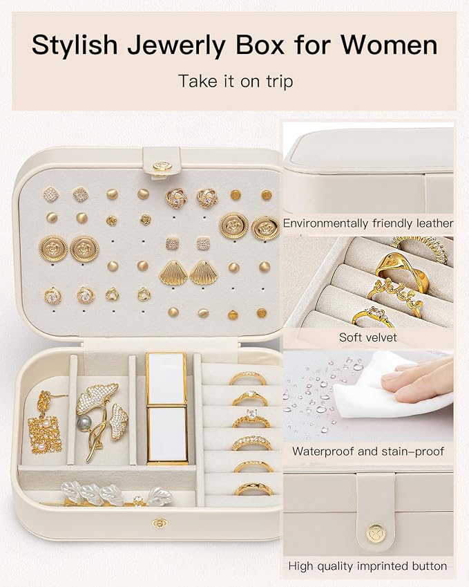 VLANDO Travel Jewelry Case for Women Girls, Gifts for Mother, PU Leather Small Jewelry Box for Rings, Necklaces, Bracelets, Earring Holder Organizer Storage for Travel Essentials - Beige - Image 5