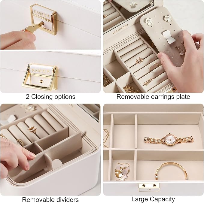KAMIER Travel Jewelry Box, 2 Layers PU Leather Portable Jewelry Organizer, Large Capacity, Double Lock and Large Mirror, Hidden Necklace Hooks, Removable Dividers, Gift Box Packaging, White - Image 5