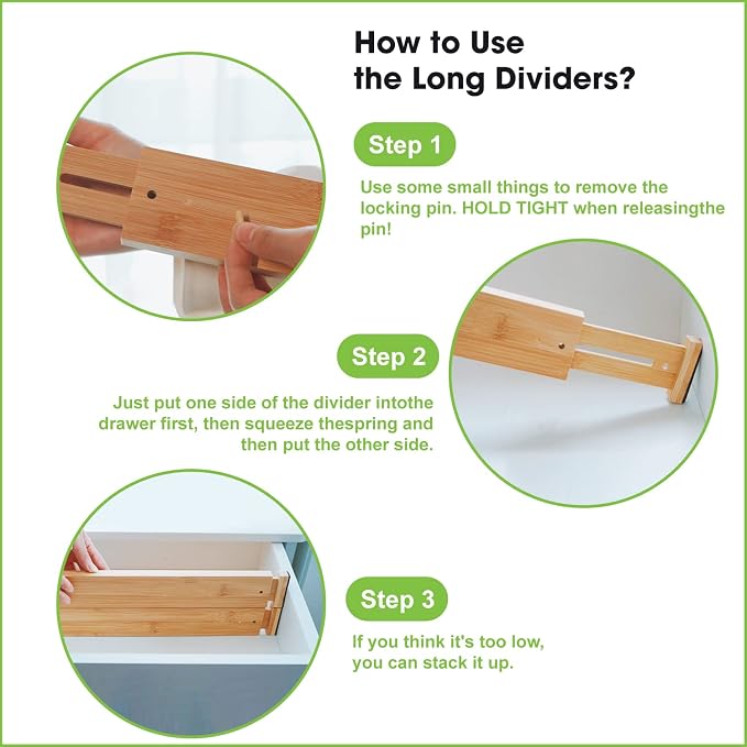 ANTOWIN Bamboo Drawer Dividers Organizers, Drawer Separators Splitter,17-22 inches Long Adjustable Spring-loaded Organizer for Large Utensil, Clothes, Tools Drawers(yellow) - Image 7