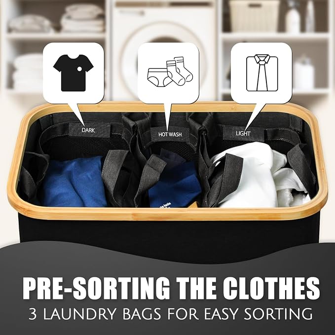 Hampers for Laundry Basket with Lid, 160L Extra Large 3 Section Clothes Divided Organizer for Bedroom, Laundry Room, Dirty Clothing Hamper, Black - Image 3