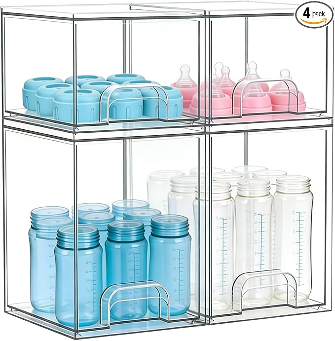 Baby Bottle Organizer, Large Capacity Stackable Acrylic Storage with Non-Slip Pads, for Baby Bottles, Pump Parts, Kitchen Countertop, Pantry, Vanity, 4-Piece by Gajiuhon