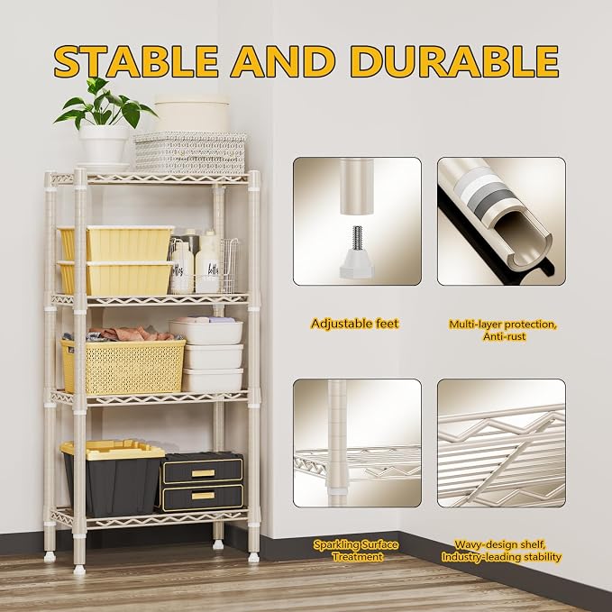 M MZG 1000 lbs 4-Shelf Standing Storage Shelves Heavy Duty Metal Shelving Unit Adjustable Wire Rack for Office Garage Kitchen, Light Tan 11.8 D x 23.6" W x 47.5" H - Image 7