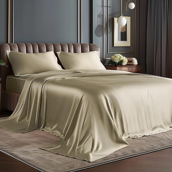 BEDELITE Satin Sheets Full Size Bed Set, Luxury Soft Taupe Silky Sheets for Hair and Skin, Similar to Silk Bed Sheets Set 4 Pieces with 1 Deep Pocket Fitted Sheet, 1 Flat Sheet, and 2 Pillowcases