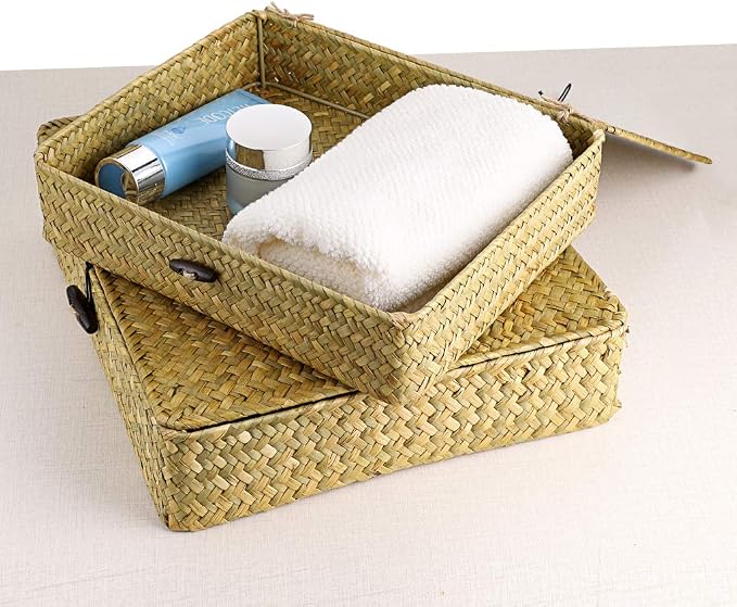 Hipiwe Natural Seagrass Storage Bins with Lid, Woven Wicker Basket Boxes Home Organizer Bins Shelf Organizer Box,Set of 2 - Image 7