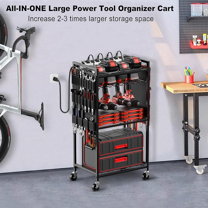 JUNNUJ Large Power Tool Organizer Cart with Charging Station, Garage Floor Standing Rolling Drill and Tools Battery Storage Cart on Wheels, Heavy Duty Rack Shelf with 8 Outlet 10 FT Power Strip, Black - Image 6