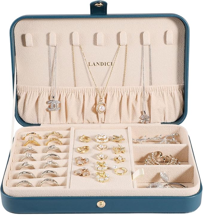 LANDICI Small Jewelry Box for Women Girls, PU Leather Travel Jewelry Organizer Case, Jewellery Storage Holder Display for Ring Earrings Necklace Bracelet Bangle Watch Men Kids Gift, Bluish Green - Image 2