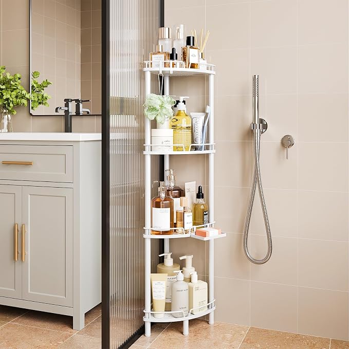 ELYKEN Corner Shower Caddy Standing, 4 Tier Rustproof Metal Shower Organizer with Soap Holder, Floor Shower Corner Shelf Rack Storage Stands with Adjustable Feet & 2 Hooks for Bathroom, White - Image 9