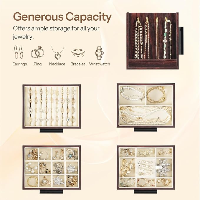 HOOBRO Jewelry Box for Women, Wooden Jewelry Organizer with Transparent Window, 4-Layer Jewelry Organizer Box, Jewelry Holder Organizer for Earrings, Necklaces, Rings, Dark Walnut and Black BRT09JB04 - Image 4