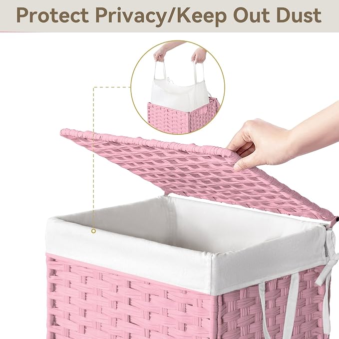 Chrislley 90L Slim Laundry Hamper with Wheels, Rolling Laundry Basket with Lid and Renovable Liner Bag, Handwoven Rattan Organizer for bedroom, bathroom, laundry room (Pink) - Image 5