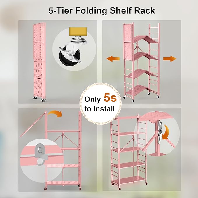 Himix Storage Shelves with 20 Hooks, 5-Tier Foldable Shelves for Storage, Folding Shelf Unit Pantry Shelves with Wheels, Standing Shelving Unit for Kitchen Garage Home Office Room Greenhouse, Pink - Image 5