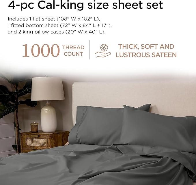Threadmill Certified 100% American Supima Cotton Luxury Sheets, California-King Sheets, 1000 Thread Count Sateen Weave, 4 Pc Bed Sheets Set, Dark Grey Sheet with Elasticized Deep Pocket