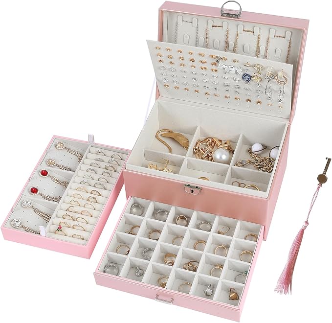 BOOVO Earring Jewelry Box For Women Girl Stud Organizer, 5 Layers Girl Jewelry Organizer Box With Lock Earring Holder Organizer Necklace Ring Jewelry Organizer Box For Girls (rose gold) by BOOVO