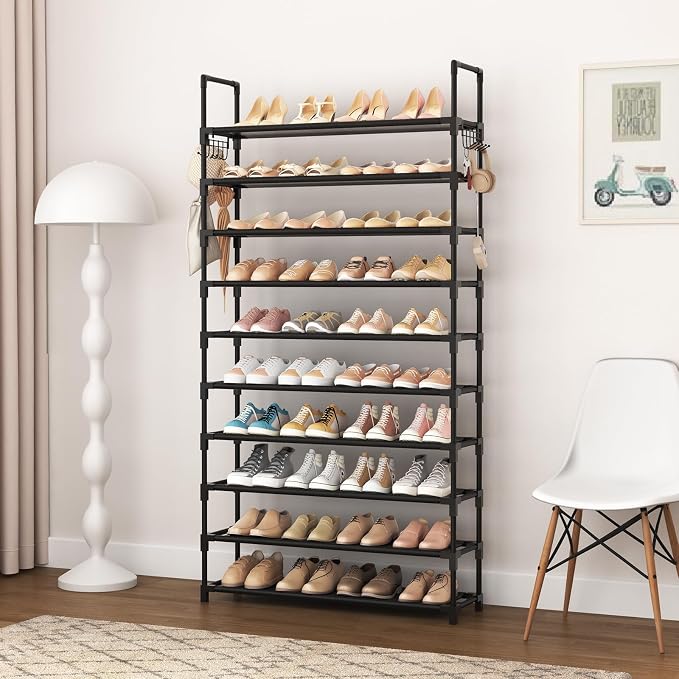 VTRIN 10 Tier Shoe Rack Tall Large Capacity Wide Shoe Organizer with Two Hooks Sturdy Metal Shoe Shelf for Entryway, Closet, Bedroom - Image 8
