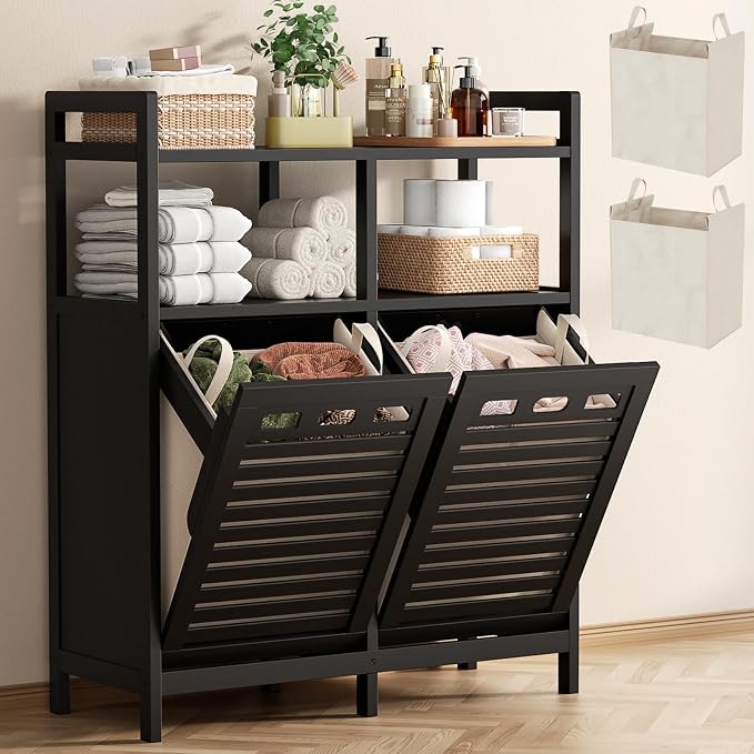 Homykic Tilt Out Laundry Hamper Cabinet, Bamboo Double Laundry Hamper with 2 Removable Laundry Baskets, 20 Gal Laundry Sorter Organizer with Shelf for Dirty Clothes, Bathroom, Laundry Room, Black by Homykic