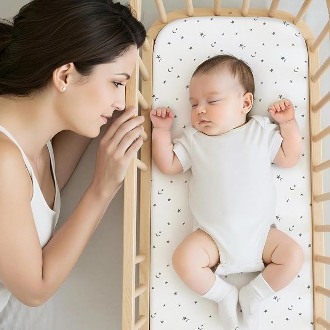 Basumee Muslin Bassinet Sheets for Baby Girl Boy 2 Pack Soft Breathable Baby Bedside Bassinet Fitted Sheets with Bottom Elastic Band Mattress Cover for Rectangle Oval Hourglass Bassinets