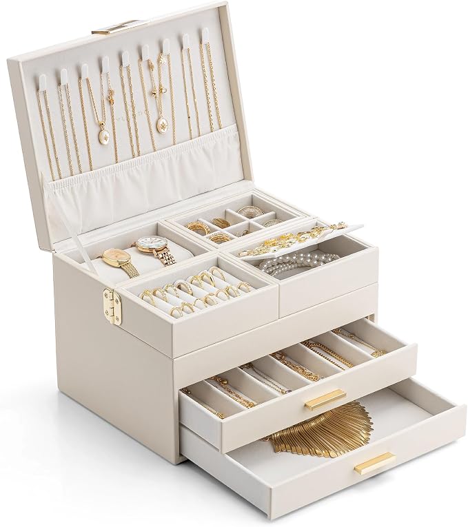 VLANDO 4 Layers Jewelry Box - Women Jewelry Box with Retractable Tray - Jewelry Organizer with Drawer for Necklaces, Rings, Bracelets, Earrings, Valentines Gift for Mom Girls - Cloud White by VLANDO
