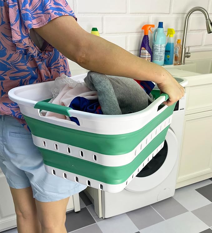 SAMMART 42L (11 gallon) Collapsible Plastic Laundry Basket - Foldable Pop Up Storage Container/Organizer - Space Saving Hamper/Basket (1, White/Winter Green) - Image 3