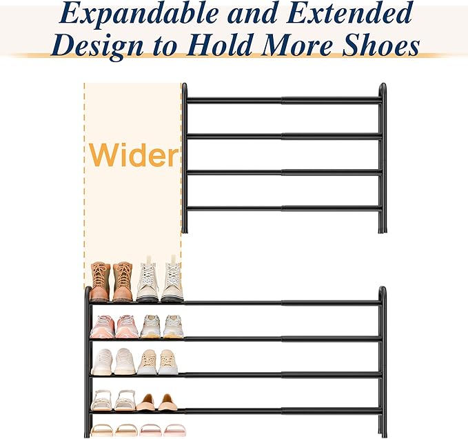 ENJOYBASICS 4 Tier Expandable Shoe Rack for Closet, Free Standing Metal Shoe Shelf Storage Organizer Holder 24 Pairs, Adjustable Width Shoe Rack for Entryway Small Space, Black - Image 5