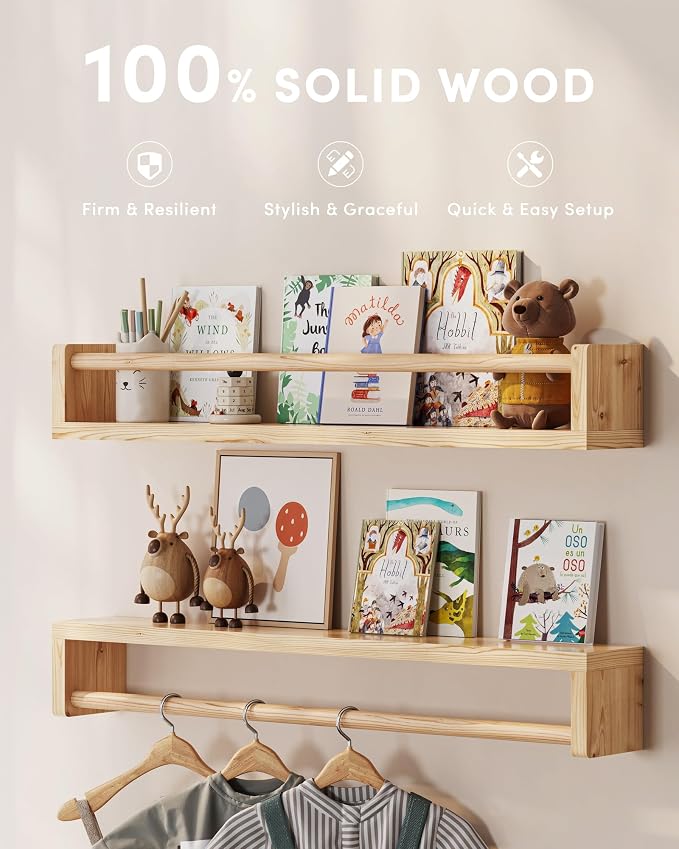 G&W Gruwald Nursery Book Shelves, Set of 3, Wall Bookshelf, Book Shelf for Kids Rooms, Wall Book Shelves for Bedroom Kids, Floating Shelf, Nursery Decor(Wood, 23 Inches) - Image 2