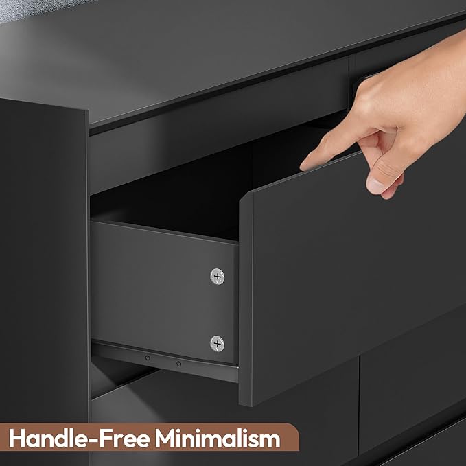 47" Black Dresser for Bedroom, Modern Long Wooden 6 Drawer Dresser, Sturdy Wood Chest of Drawers with Anti-Tip Kit, Handle-Free Horizontal Cabinet for Master Room, Matte Black