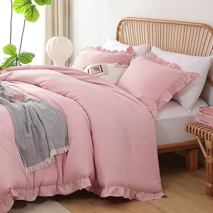 JANZAA Twin Comforter Set Baby Pink Ruffle Comforter with 1 Pillowcase Soft Twin Size Bed Set Vintage Farmhouse Bed Comforter Set Fluffy Shabby Chic Bedding for All Season