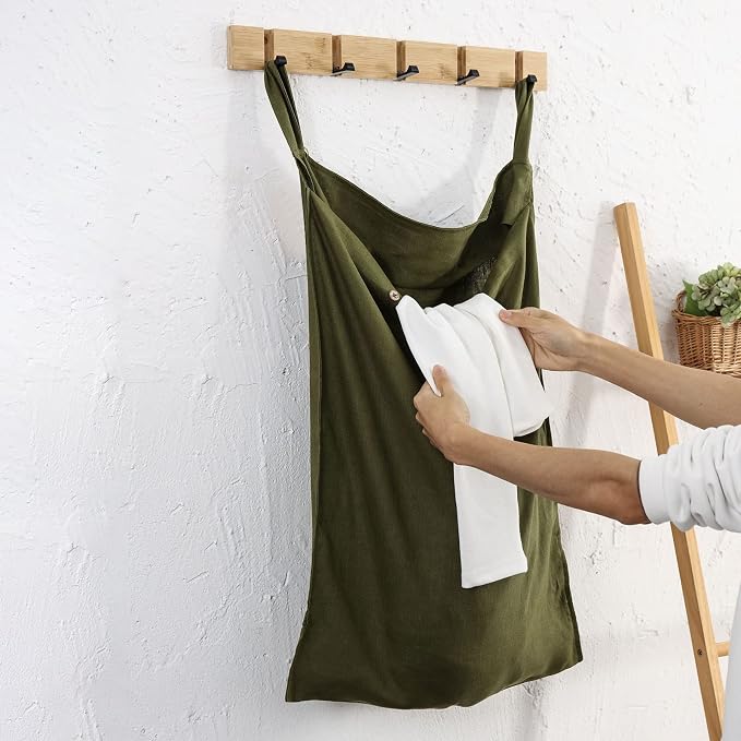 Linen Hanging Laundry Bag, 100% Linen Over The Door Laundry Hamper with Buttons and Zipper, Space Saving Door Hampers for Laundry Dirty Clothes Home Travel, Green - Image 4