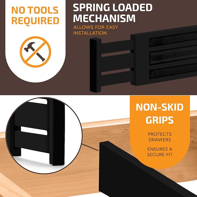 6-Pack Drawer Dividers 6 Inch High, 11”-17" Adjustable Bamboo Organizers Large Expandable Drawer Separators for Cloths, Dresser, Bedroom, Bathroom, Baby Drawer, Office & Kitchen Utensils (Black) - Image 8