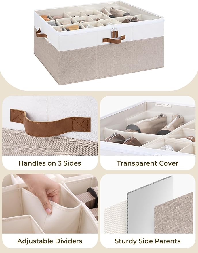 StorageWorks Shoe Organizer for Closet, Fits up to 24 Pairs, Shoe Cubby Storage Containers with Adjustable Dividers and Clear Cover, Brown & White - Image 5
