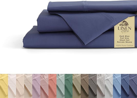 Linen Home 100% Cotton Percale Sheets Full Size, Dark Blue, Deep Pocket, 4 Pieces Set - 1 Flat, 1 Deep Pocket Fitted Sheet and 2 Pillowcases, Crisp Cool and Strong Bed Linen