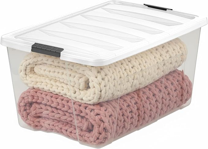IRIS USA 94 Qt Stackable Plastic Storage Bins with Lids, 4 Pack - BPA-Free, Made in USA - See-Through Organizing Solution, Latches, Durable Nestable Containers, Secure Pull Handle - Clear/White - Image 5