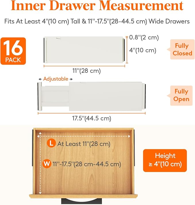 Lifewit 16 Pack Drawer Dividers 4" High 28-43.5cm/11-17" Adjustable Drawer Organizer for Clothes/Utensils, Expandable Drawer Separator in Dresser/Kitchen/Bedroom/Office Organization & Storage Beige - Image 2