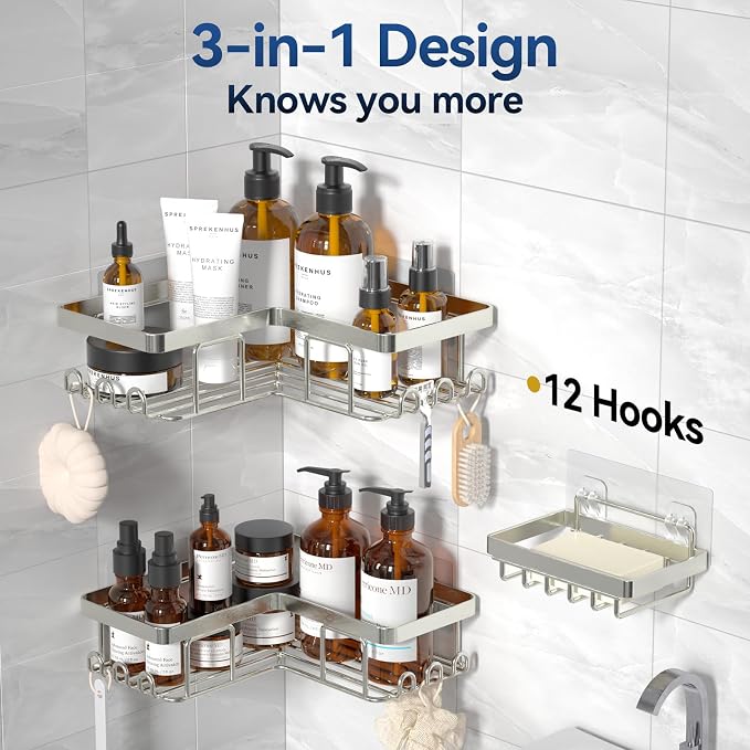 YASONIC Corner Shower Caddy, 3-Pack Adhesive Shower Caddy with Soap Holder and 12 Hooks, Rustproof Stainless Steel Bathroom Organizer, No Drilling Wall Mounted Shower Rack, Nickel - Image 5