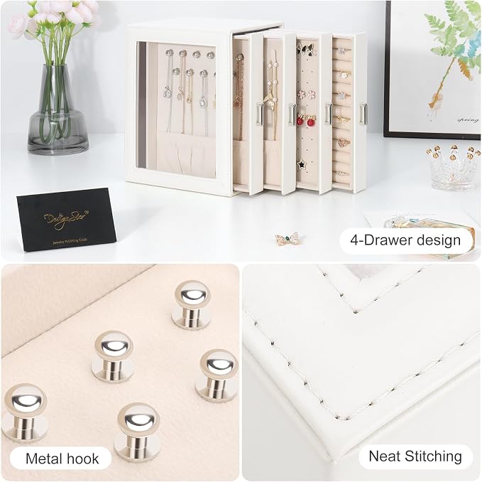 DesignSter Jewelry Box Organizer, Jewelry Box for Women, PU Jewelry Organizer Display Case with Side Drawers, Jewelry Storage for Earring Necklace Ring Bracelet Watch - Image 6