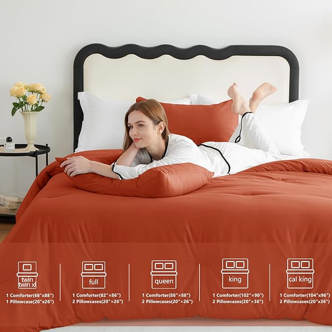 CozyLux California King Comforter Set Burnt Orange, 3 Pieces Cal King Terracotta Solid Breathable Bedding Sets, Luxury Soft Lightweight Bed Set with Down Alternative Comforter and 2 Pillowcases