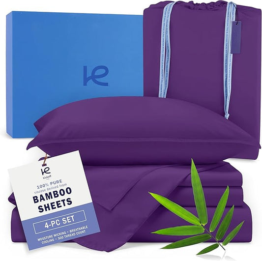 Kickoff Viscose Bamboo Sheets Full Size 4-pc 100% Organic Bamboo Viscose Bed Cooling Sheets Full Size Set Cool Bedding for hot Sleepers Sheet, Flat, Fitted, Pillowcases (Purple, F)