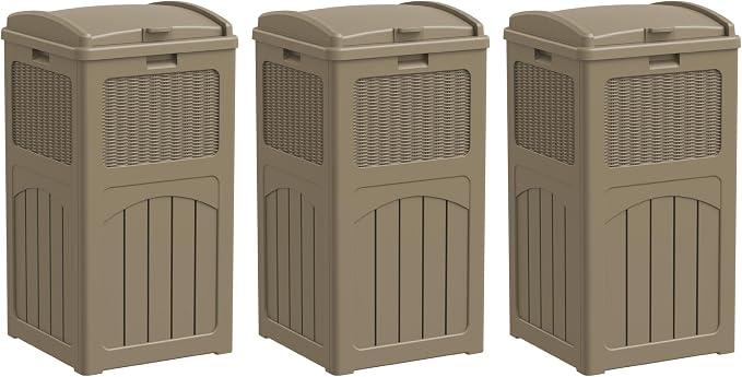Greesum 33 Gallon Resin Outdoor Trash Can with Lid, Waterproof Resin Garbage Bin for Hideaway, Patio, Deck, 3 Pack, Light Brown by BuynowfromGreesum