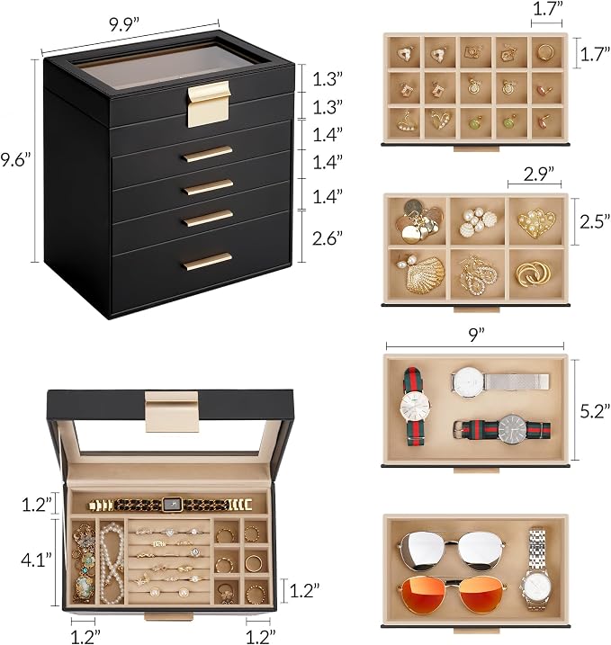 Somduy Jewelry Box, 5 Layers Jewelry Storage Display Box with Glass Lid for Women, 4 Drawers,Large Capacity for Necklace Earrings Bracelets Rings, Black - Image 5