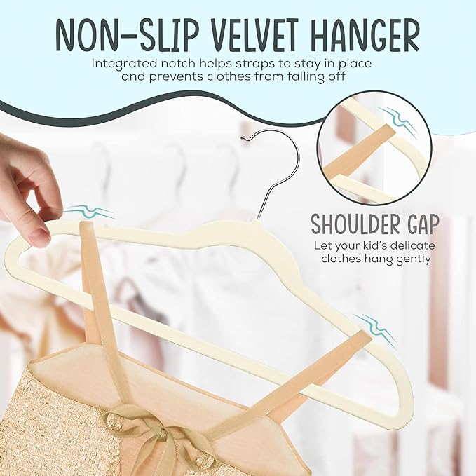 TechZoo 50 Premium Kids Velvet Hangers - 14" Non-Slip Clothes Hangers for Kids & Preteens - Ultra Slim, Space-Saving, Strong & Durable Hangers with 360° Swivel Hook - Ivory - Image 6